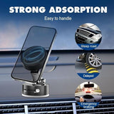Phone holder showing 360 degree rotation capability with magnetic suction mount positioning