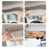 Multi-pocket car visor organizer showing compartments for phone sunglasses cards and documents