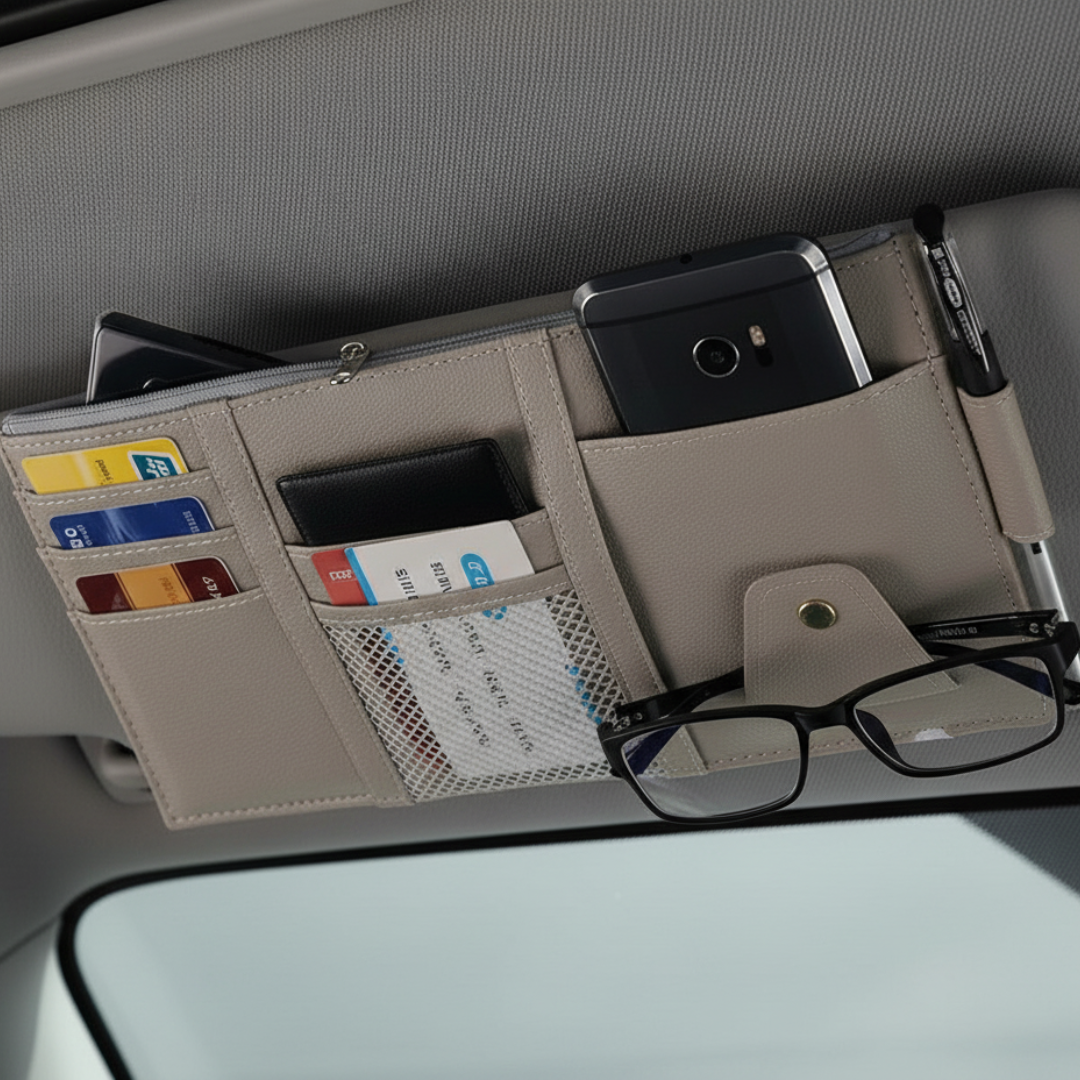 Car sun visor organizer storage pouch with multiple pockets for sunglasses cards documents auto accessory
