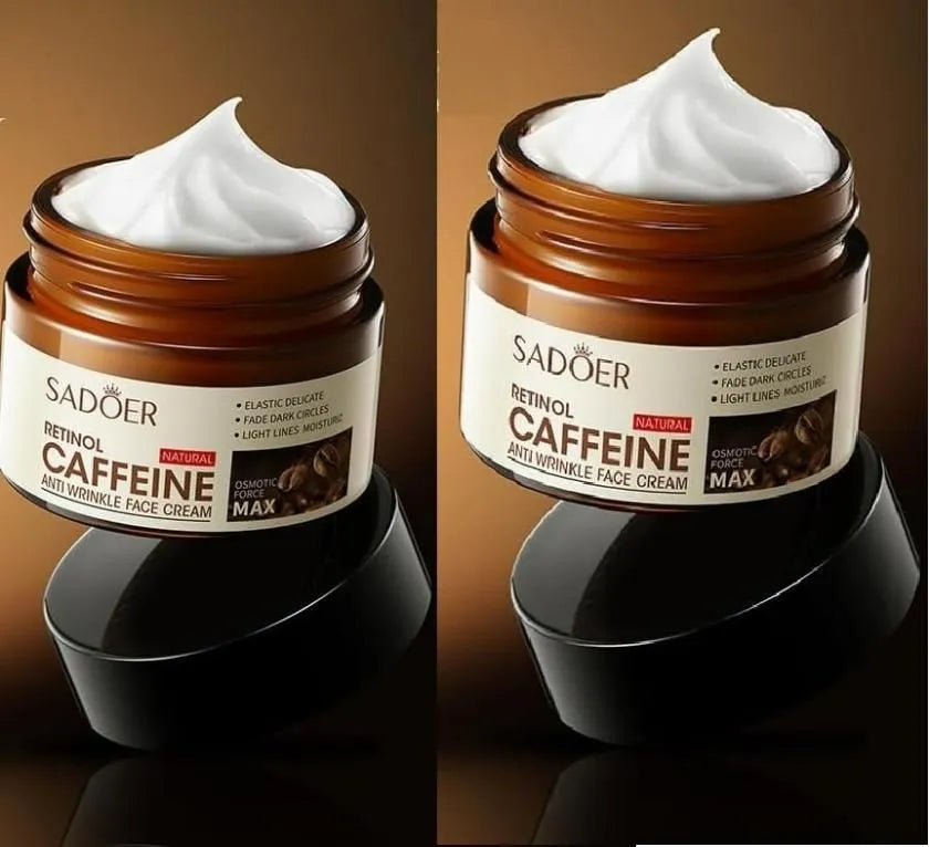 Two jars of Sadoer Retinol Caffeine face cream on a reflective surface with a brown background.