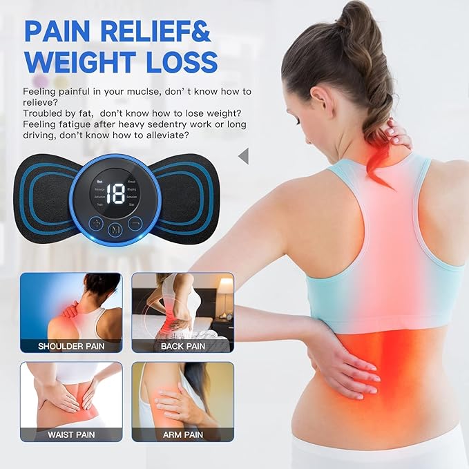 Person using rechargeable mini massager on lower back for muscle pain relief