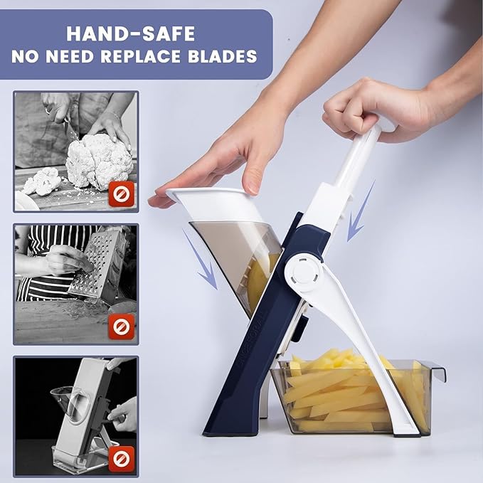 Space-saving vegetable chopper slicer in compact folded position showing retractable handle design