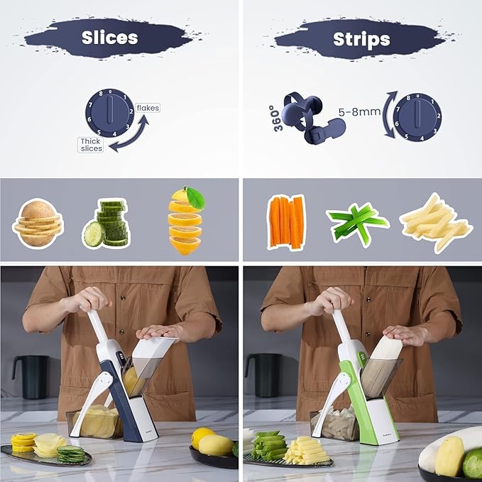 Perfectly uniform vegetable slices created with adjustable kitchen mandoline slicer showing consistent cuts