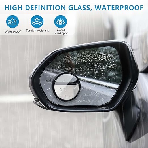 Round car side view mirror showing clear reflection and mounting mechanism for vehicle installation