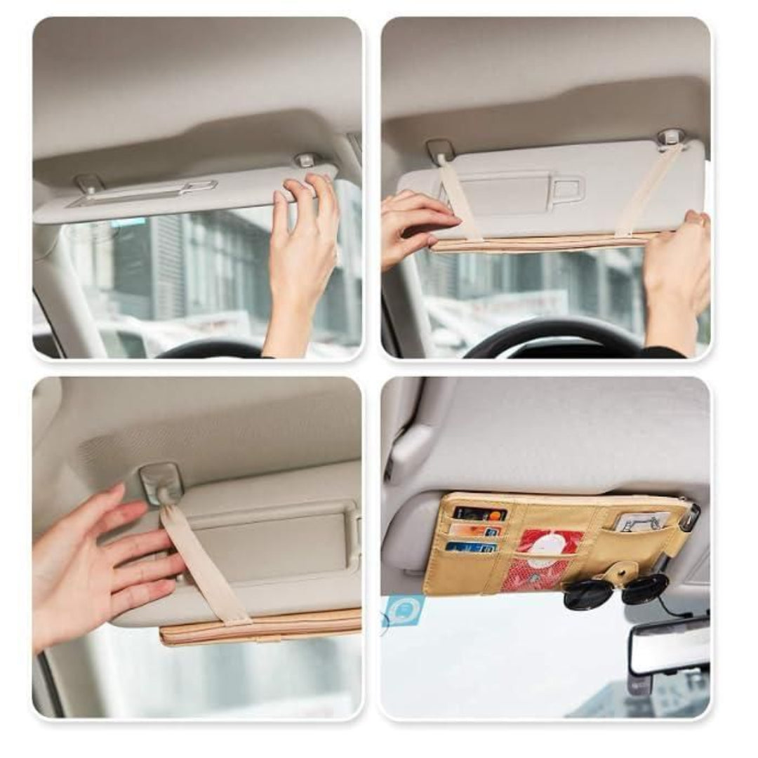 Multi-pocket car visor organizer showing compartments for phone sunglasses cards and documents