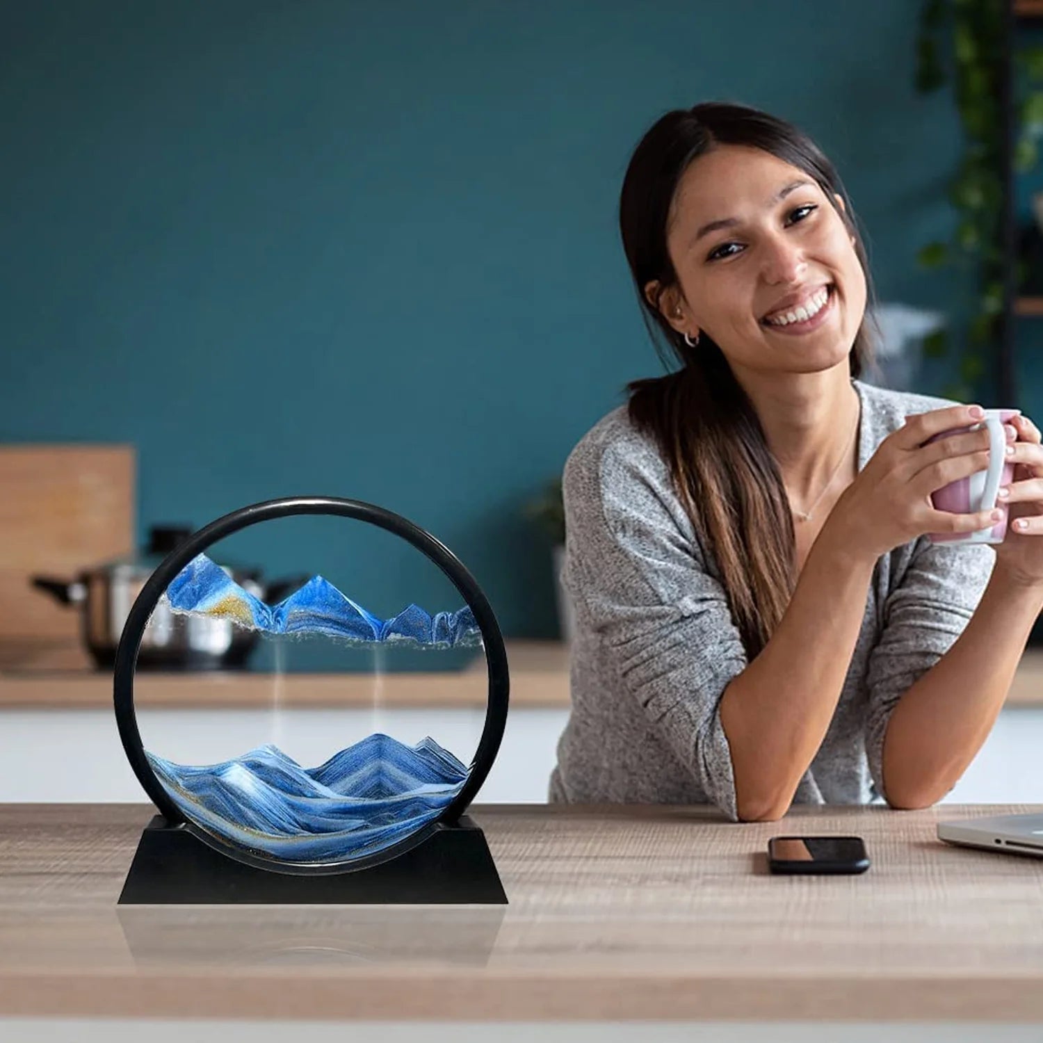 3D Moving Sand Art Picture Frame - Deep Sea Flowing Sandscape Liquid Motion Decor for Home & Office | Relaxing Desktop Ornament & Unique Gift for Kids & Adults