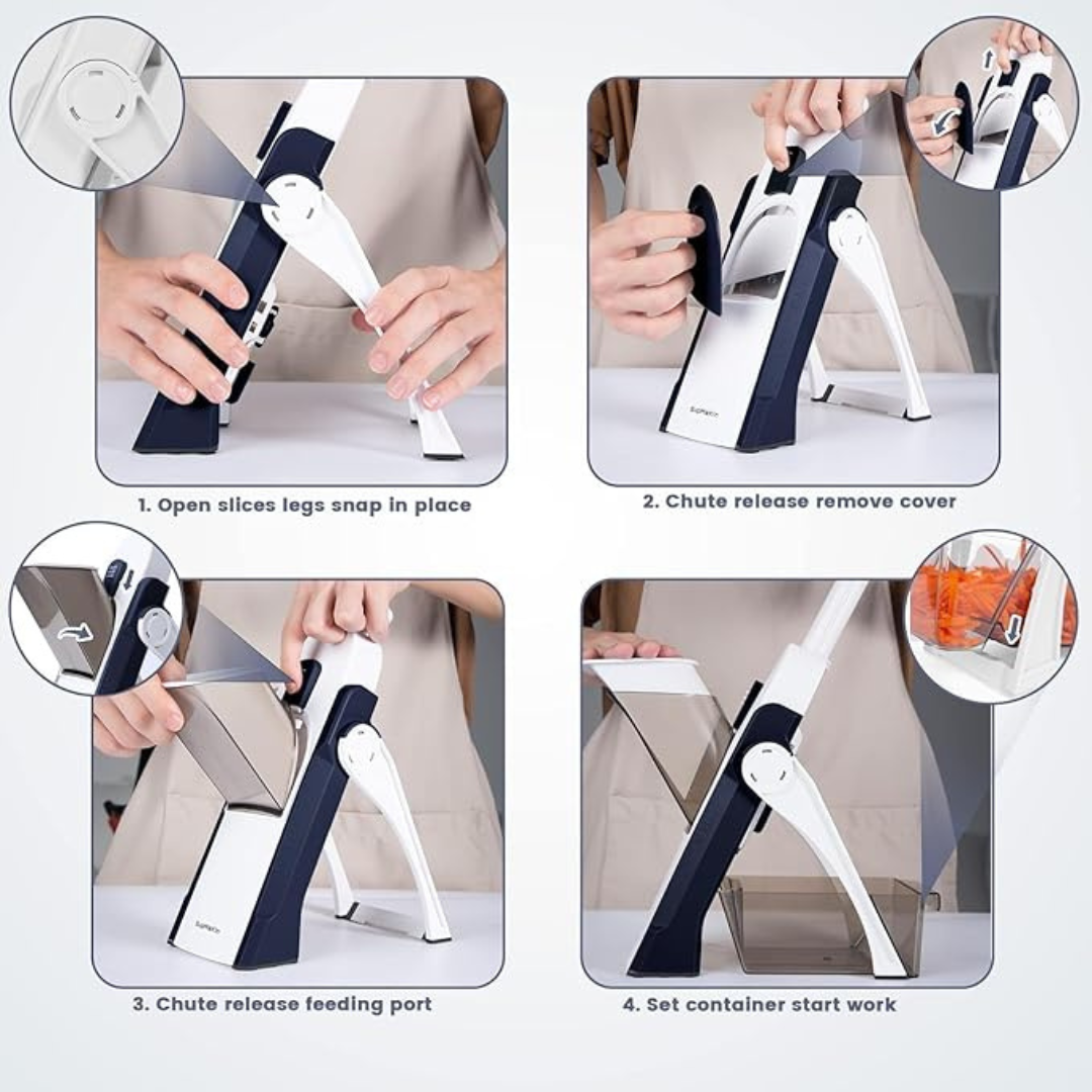 Vegetable slicer showing adjustable thickness dial safety guard and suction cup base for stability