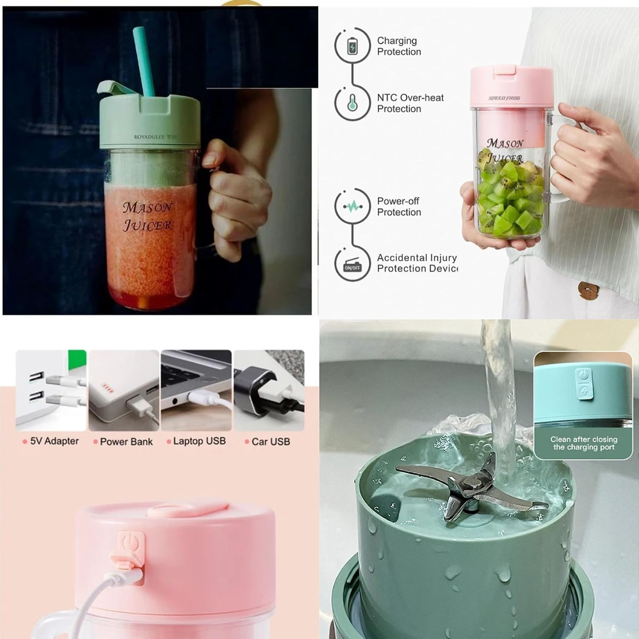 Portable Crusher Juicer With Handle & Straw – USB Rechargeable | 6 Stainless Steel Blades | 420ML | Fresh Juice & Smoothie Blender