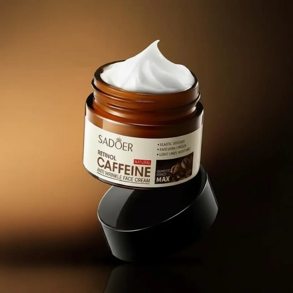 Jar of SADOER retinol caffeine face cream on a dark background